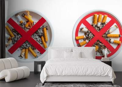 Set of a no smoking sign with a red crossed-out symbol and burning cigarettes isolated top view. Smoking ban concept. On transparent background Wall mural