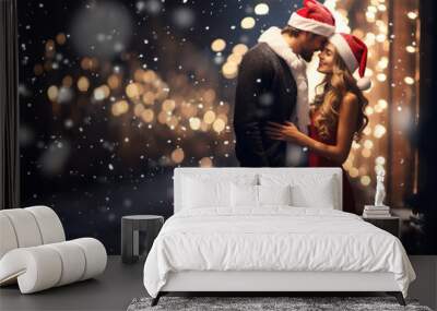  Christmas Romance. A loving couple enjoying the festive atmosphere outdoors, wearing Christmas hats. Holiday love and warmth concept with space to text. Copy Space. AI Generative Wall mural