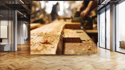 A Team of Carpenters Demonstrates Creativity and Craftsmanship, Measuring and Cutting Wood for Custom-Built Furniture and Finishes in a New Building Wall mural