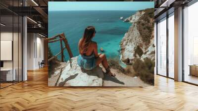 A Woman on Top of a Cliff Enjoys the Fantastic Landscapes of the Portuguese Coast in the Algarve - AI Generative Wall mural