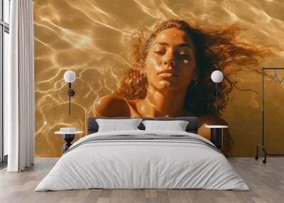 Beach Sun-Kissed Beauty. Stunning sexy woman in bikini basking in golden hour light, laying on water waves. Summer and relaxation concept AI Generative Wall mural