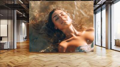 Beach Sun-Kissed Beauty. Stunning sexy woman in bikini basking in golden hour light, laying on water waves. Summer and relaxation concept AI Generative Wall mural