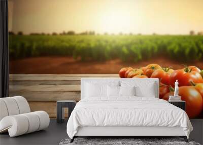 Countryside Rustic Farm-to-Table Setting. Empty wood table with ample free space against a backdrop of lush tomatoes field. Copy space for text. Organic Agriculture concept AI Generative Wall mural