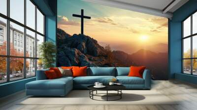 Divine Sunset: A breathtaking image captures a mountain with a cross atop at sunset, symbolizing the death of Jesus Christ and evoking deep religious sentiments associated with Easter and Christianity Wall mural