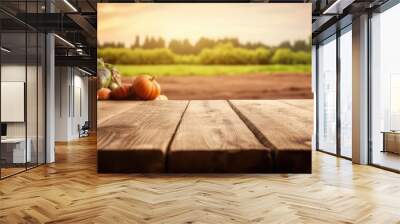 Farm Fresh Delights. An empty wood table with ample space set against a picturesque vegetables field background. Copy Space. Nature's bounty AI Generative Wall mural