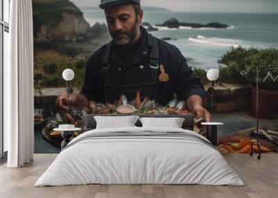 Galician Gastronomic Delight. Experience the artful presentation and exquisite taste of a Spanish chef's seafood platter, showcasing the finest flavors of the ocean. AI Generative Wall mural