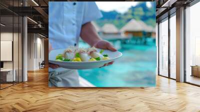 Gastronomic Escape to French Polynesia: Chef's Culinary Artistry with Poisson Cru, Marinated Raw Fish, Framed by Bora Bora's Breathtaking Overwater Bungalows and Turquoise Lagoon. Wall mural