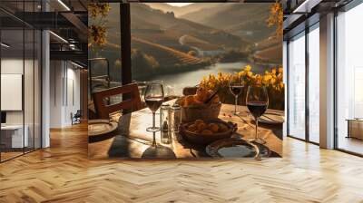 Gastronomic Experiences in Portugal: Tasting the Best Port Wine with a Breathtaking View Over the Douro Valley - AI Generative Wall mural