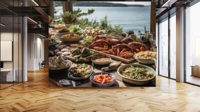 Gastronomic seafood Paradise. Indulge in the culinary wonders of a lavish seafood feast arranged on a rustic wooden table against a scenic sea background AI Generative Wall mural