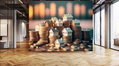 Home Loan and mortgage loan, Building Your Dream Home with Financial Planning and Real Estate Investment - A Guide to the Home Buying Process with Miniature tiny House and Coins money Ai Generative Wall mural