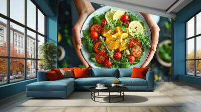 Macrobiotic Diet: The Essence of a Balanced Diet, Featuring Hands Holding Cutlery, a Plate, and Macrobiotic Ingredients or Dish in a Realistic Advertising Poster Wall mural