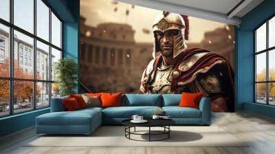 Majestic Gladiator: A Legendary Roman Gladiator in Glimmering Armor, Ready for Battle in the Colosseum.

 Wall mural