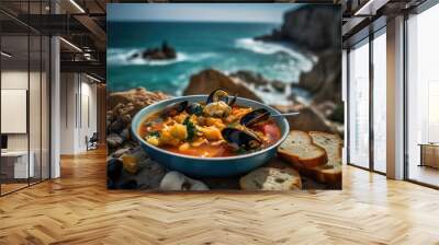 Mediterranean Sea Feast. Dive into a mouthwatering dish of bouillabaisse served on a vibrant plate, accompanied by a breathtaking beach background. Copy space. Cuisine concept AI Generative Wall mural