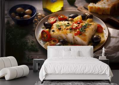 Portuguese Oven-Baked Cod with Tomato, Roasted Potatoes, Olives, and Red Pepper - A Hearty and Delicious Family Dinner Ai generative Wall mural