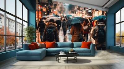 Rainy European Stroll: An anonymous crowd of people walking on a European city street on a rainy day, each figure sheltered under umbrellas, capturing the essence of urban life.

 Wall mural