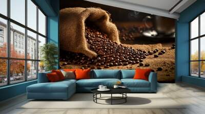 Rustic photo of Coffee beans in a sack ai generative Wall mural