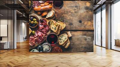 Spanish Culinary Fiesta: An enticing tapas and charcuterie banner with blank space for text, showcasing an assortment of cured meats, cheese, olives, and wine glasses against a rustic backdrop.

 Wall mural