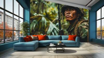 Vietnam War Saga: Intrepid Soldier Bearing M16, Wearing Jungle Fatigues and Helmet, Vigilantly Navigating the Dense Jungle – A Snapshot of the Tense Jungle Warfare in Vietnam. Wall mural