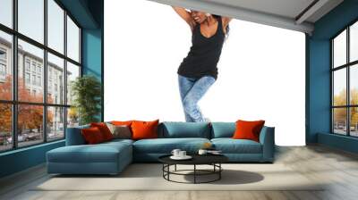 Im totally in my happy zone. Studio shot of a carefree young woman with her arms raised isolated on white. Wall mural