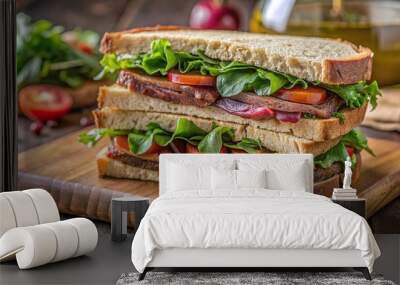 Meat sandwich pastrami roast beef vegetables sauce cheese delicious toasted bread Wall mural