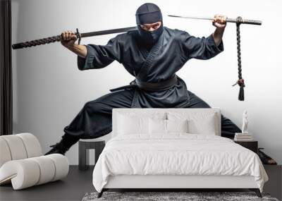 ninja warrior armed and masked with swords in fighting stance Wall mural