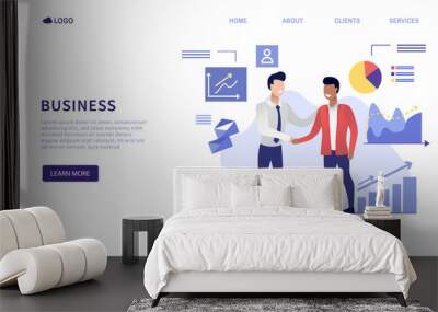 Business partners concept. Young successful businessmen shaking hands. A profitable partnership between two men. The appropriate landing page for the site or mobile version. Professional partnership. Wall mural