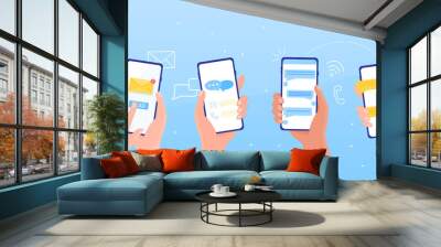 Notification message concept SMS bubble on the screen People chatting concept People holding a phone receive and send a message. Receive notifications On a blue background Colorful Vector Illustration Wall mural