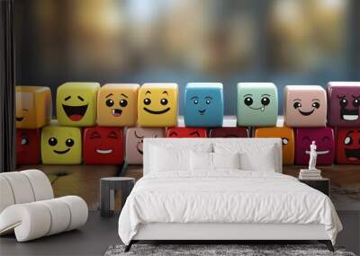 colorful cubes with different emotions drawn, wooden background, concept of colorful cubes with Different emotions Wall mural