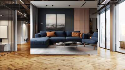 Interior design of modern living room, Dark blue sofa and recliner chair in scandinavian apartment Wall mural