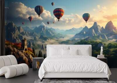 the mountains with air balloons flying over and sunlight, Hot air balloons flying in the sky during sunrise over beautiful landscape, colorful hot air balloon gently floats over the unique Wall mural