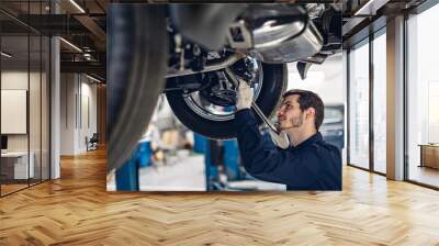 Auto car repair service center. Mechanic examining car suspension Wall mural