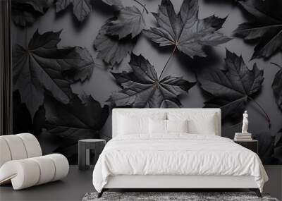 Black leaves on gray. Halloween or Black Friday texture background Wall mural