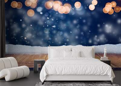 Oak wood platform or podium with snow and bokeh lights Wall mural