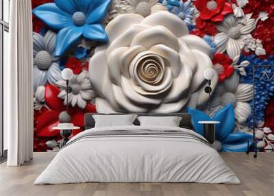 3d rendering of american flag with white, blue and red flowers Wall mural