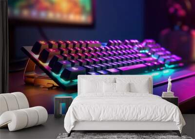 Computer gaming keyboard with neon lights on a interior gaming room background Wall mural