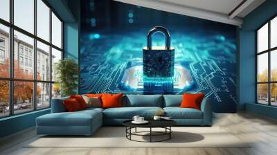 Cyber security concept with padlock on circuit board background Wall mural