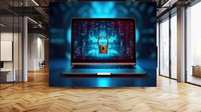 Cyber security concept. Closed padlock on laptop screen Wall mural