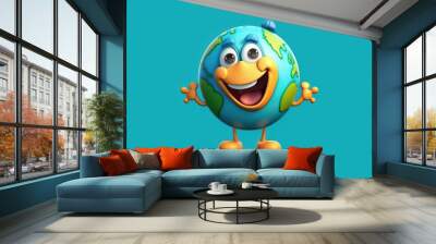 earth cartoon character on blue white background. Wall mural