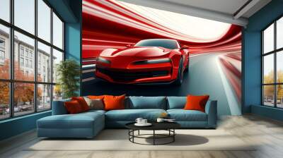 Red sport car on the road with motion blur effect Wall mural