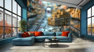 Shopping cart with boxes in warehouse. Wall mural