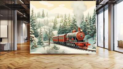 steam locomotive on the background of the winter landscape. Wall mural