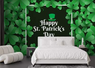 Happy St. Patrick's day background with green leaves and thin rectangular lines. Wall mural