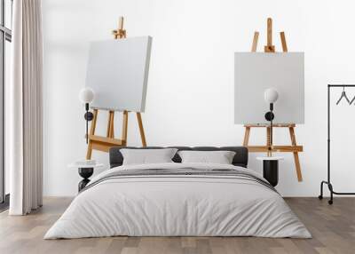 front and side view of a wooden easel and blank empty white canvas mockup. Isolated transparent background PNG. Made of wood. Wooden. Premium pen tool flawless cutout. Art studio. Painting concept. Wall mural