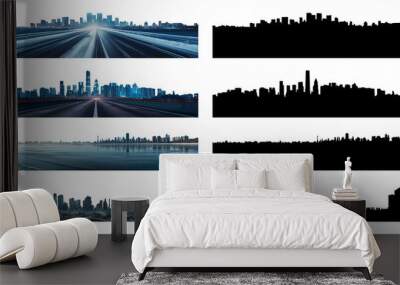 Set of city skylines. Urban dystopian concept collection. Highways, winter, apocalypse. Various options to pick from with a silhouette version. Pen tool cutout.  Wall mural