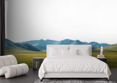 Vast empty summer spring landscape with mountain range in the distant horizon. Isolated transparent background PNG. Warm hues and green grass.  Wall mural