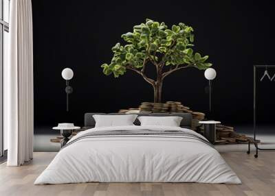 Green tree growing on stack of coins isolated on a black background. Growing up of economy concept. Wall mural