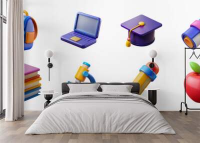 3d cartoon education icons set. School, backpack, laptop, graduation cap, diploma, calculator, chalkboard, books, microscope, pencil, apple, globe, cut out - stock 3d. Wall mural