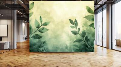 A green leafy background with two leaves on the left and one on the right Wall mural