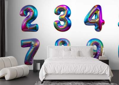 Colorful metallic number balloons. Numbers from 0 to 9 made with holographic birthday balloons, cut out - stock 3d. Wall mural