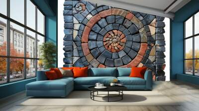 Detailed stone mosaic artwork in geometric square design, cut out - stock png. Wall mural